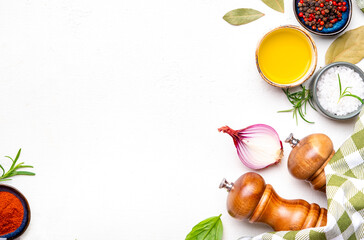 Food, cooking, spices background, chili pepper and turmeric, oil, salt and peppercorn, Asian Cuisine Ingredients. Kitchen towel, spice grinder, utensils, white copy space, top view