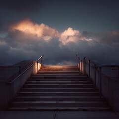 A stairway leading up to a cloudy sky with a golden light shining through the clouds above the stairs