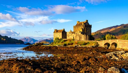 Scenic castle by a loch at sunset