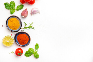 Healthy cooking, food background, spices and herbs, other ingredients, white copy space, top view