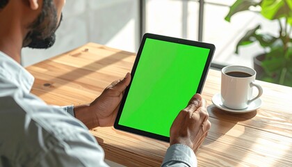 Man Holding Tablet with Green Screen at Wooden Desk with Coffee Cup