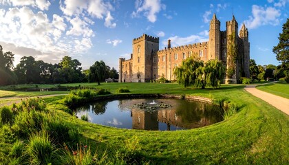 Obraz premium A magnificent stone castle stands majestically amidst lush greenery and a serene pond, bathed in the golden light of a summer morning.