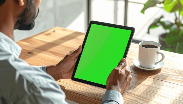 Man Holding Tablet with Green Screen at Wooden Desk with Coffee Cup