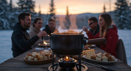 Group of friends enjoying fondue dinner outdoors in winter landscape  