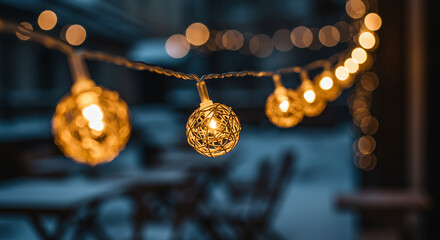 Decorative string lights glowing in winter outdoor setting  