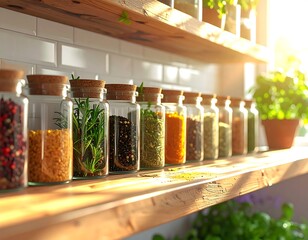 Wooden shelves filled with glass jars of spices and herbs in sunlight