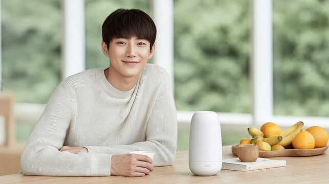 young man sits comfortably in modern kitchen engaged with ar health tracker panel