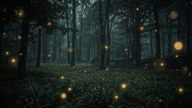 Magical forest glade alive with a thousand glowing fireflies creating an enchanted atmosphere for fantasy storytelling and ethereal design - Powered by Adobe