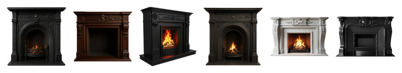 Ornate fireplace set including classic, Victorian, wood, marble, and cast iron styles isolated. Interior design and home decor elements.