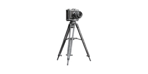 Vintage Camera Tripod Illustration. Retro Photography Equipment For Artistic And Historical Themes Isolated On Transparent Background