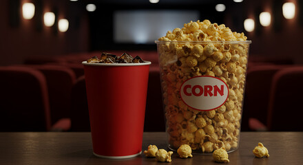 Popcorn bucket and soda cup on table in movie theater setting