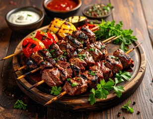 Grilled beef skewers with grilled vegetables and dips on a wooden platter