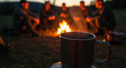 Group of friends sitting around campfire enjoying evening outdoors