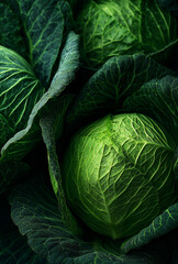 Obraz premium Close-up of green cabbage leaves – natural texture and pattern of fresh vegetable, perfect for organic farming, agriculture, gardening and plant-based food 