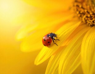 Obraz premium Ladybug resting on yellow sunflower petal