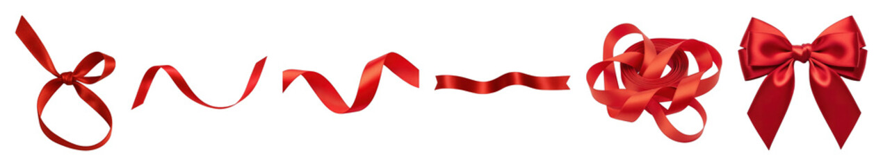 Red satin ribbon set including bow, tied knot, curled, wavy, and coiled strips isolated. Gift wrapping and festive decoration elements.