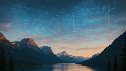 Stunning digital data visualizations overlay a serene mountain lake landscape, symbolizing innovation and future growth in nature's embrace.