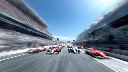 Multiple race cars sprint forward at the start line showcasing speed and excitement on a bright sunny day at a vibrant racing venue filled with energetic spectators.