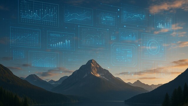 Stunning digital data visualizations layered over a majestic mountain landscape at sunset, representing global analytics and future tech.