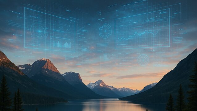 Stunning digital data visualizations overlay a serene mountain lake landscape, symbolizing innovation and future growth in nature's embrace.