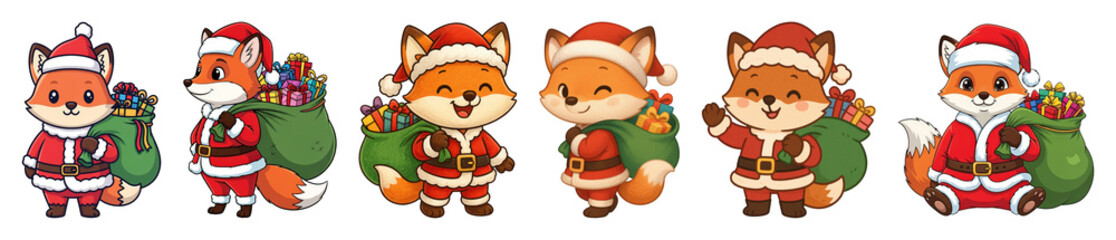 Cute Santa fox character set including various poses and gift sacks isolated. Festive Christmas holiday illustration collection.