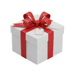 Fototapeta premium White gift box, red satin ribbon, elegant symmetrical bow, minimalist gift tag with gold edging, isolated on transparent, 45-degree view, no shadows, concept of high-end gifting