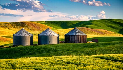 Grain silos on rolling hills at sunset