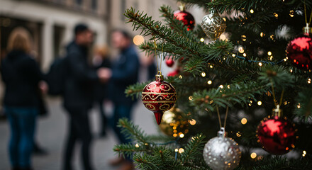 Christmas tree decorated with baubles and lights in winter market  