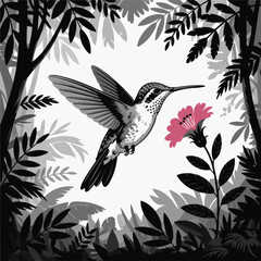 Detailed hummingbird with a pink flower in a forest illustration.