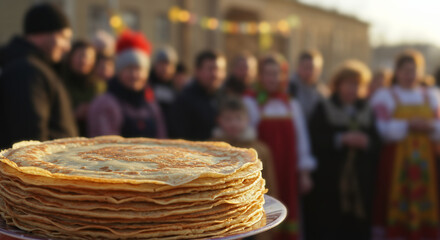Stack of pancakes served outdoors at a festival during winter