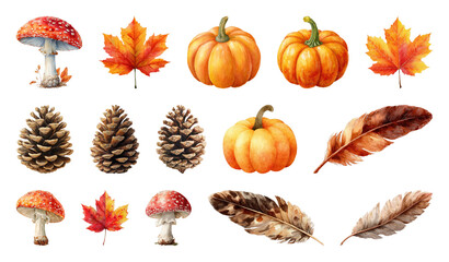 PNG Autumn elements watercolor illustration, element set on transparent background