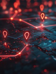 Exploring a futuristic digital network with glowing location markers and intricate connections during nighttime