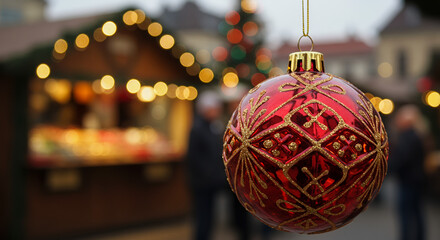 Red Christmas ornament hanging in market with festive lights  
