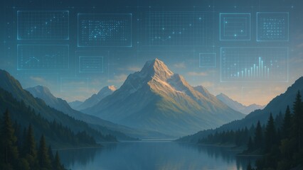 Stunning mountain vista blends serene nature with dynamic digital analytics overlays for a powerful concept of data-driven growth and exploration.