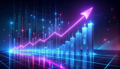 Neon Growth Chart with Arrow and Columns on Grid, Futuristic Business Concept