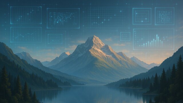 Stunning mountain vista blends serene nature with dynamic digital analytics overlays for a powerful concept of data-driven growth and exploration. - Powered by Adobe