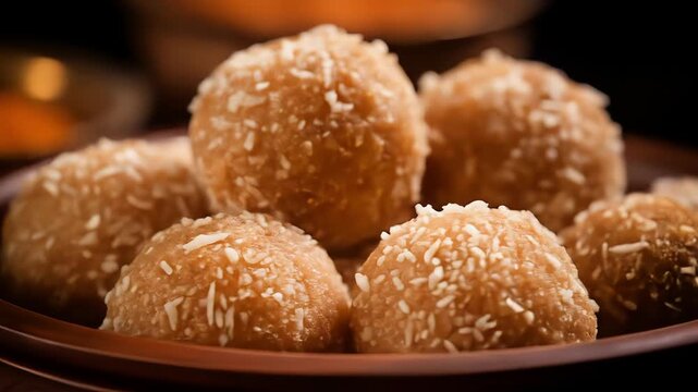 Close up of a bowl filled with coconut ladoo sweets for a delicious snack or dessert treat