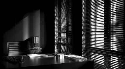 Shadow and Light: An evocative monochrome capture of an office interior, where sunlight streams through venetian blinds, casting intricate shadows and illuminating the scene.