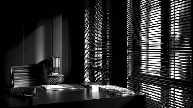 Shadow and Light: An evocative monochrome capture of an office interior, where sunlight streams through venetian blinds, casting intricate shadows and illuminating the scene.