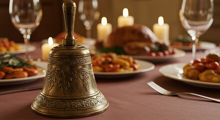 Brass dinner bell on beautifully set table with candlelight and food  