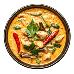 Tom kha gai curry plate food, A plate of Tom Kha Gai curry featuring chicken, coconut milk, mushrooms, and herbs, garnished with lime and cilantro, isolated on transparent background