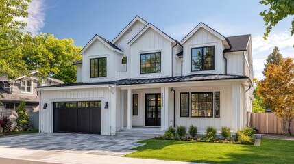 A beautifully designed luxury house features a white exterior with large windows. The meticulously landscaped yard complements the property showcasing a sunny suburban atmosphere.