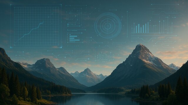 Stunning panoramic mountain landscape blending with futuristic digital data visualizations and serene lake reflections creating a powerful vision of progress