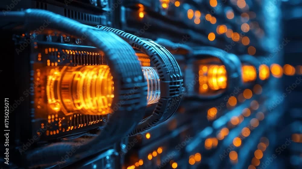 Poster advanced technology showcases illuminated data cables and servers in a modern server room during eve