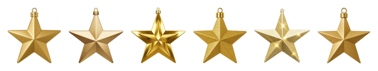 Fototapeta premium Gold star ornament set including glossy, matte, glittery, and brushed textures isolated. Christmas and holiday decoration.