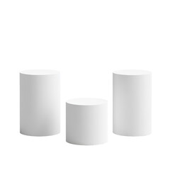 Three white cylindrical pedestal are arranged, A trio of white cylindrical pedestals is positioned together, emphasizing a sleek and modern aesthetic, isolated on transparent background