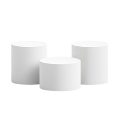 Three white cylindrical pedestal are arranged, A trio of white cylindrical pedestals is positioned together, emphasizing a sleek and modern aesthetic, isolated on transparent background