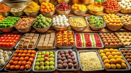 A vibrant display of colorful sweets and desserts arranged in bowls and trays at a market stall