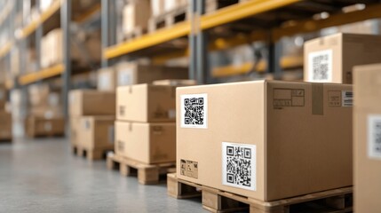 Workers are seen organizing and stacking cardboard boxes on pallets in a spacious warehouse. Each box has QR codes for inventory tracking. The facility is bright and well-lit.