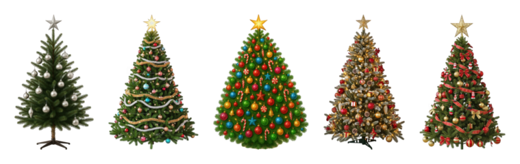 Christmas tree set including festive, classic, flocked, and various decorated styles isolated. Holiday celebration collection.